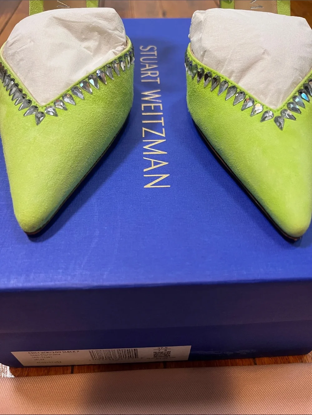 Stuart Weitzman chartreuse suede gemcut xcurve 100 along back pumps sz 7 NIB - Picture 5 of 9